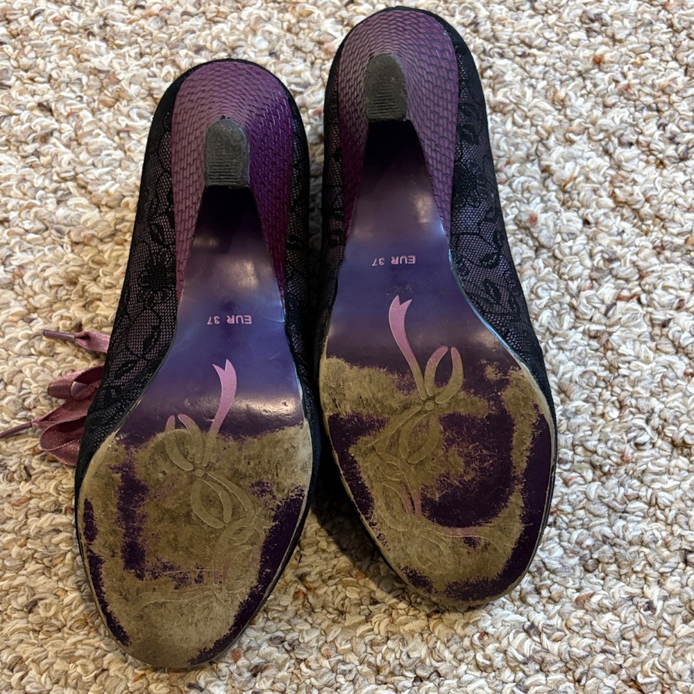 Poetic License Black Lace Ballet Flats with Purple Trim and Satin Ribbon - Picture 4 of 5